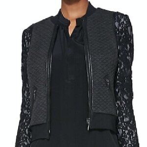 REBECCA TAYLOR Solid Black Quilted Bomber Vest Faux Leather Lace Trim Full Zip